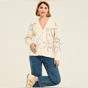 Kerri Rosenthal XOKR Women’s Cream Rainbow Heart Cardigan Sweater Size Medium